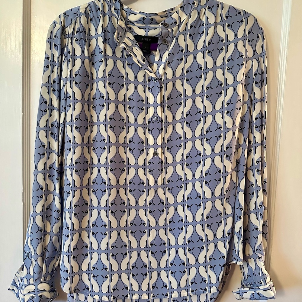 J. Crew Blue and Cream Patterned Blouse